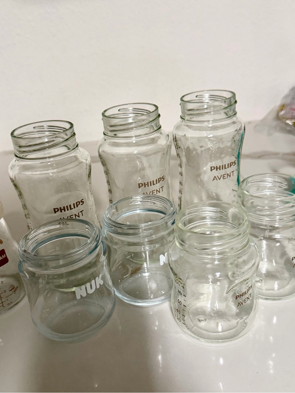 Glass baby bottles Philips Avent, Nuk, and Mam
